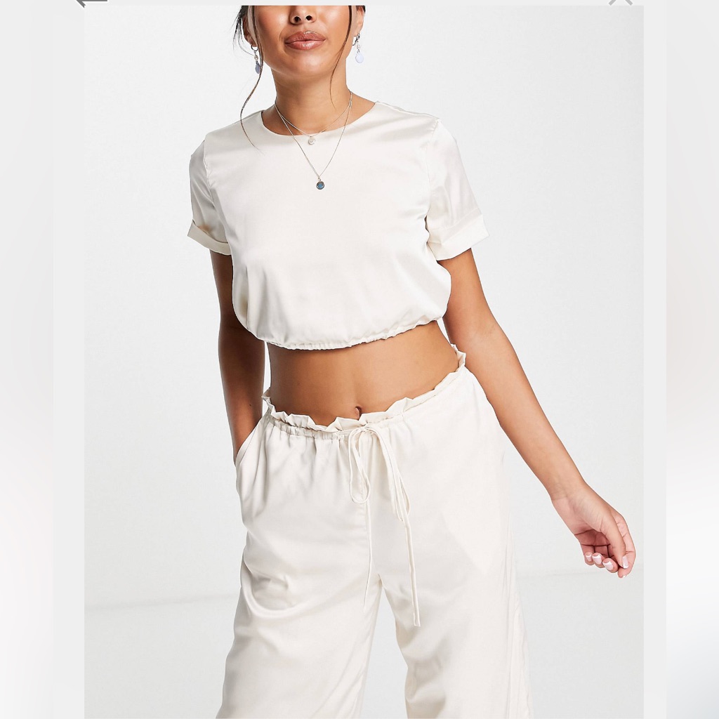 Skylar Rose Two Piece Satin Wide Leg Drawstring Trouser Pant & Crop Top